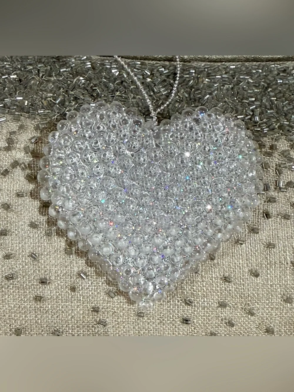 Vtg Clear Hard Plastic Heart Ornament - White Sparkle